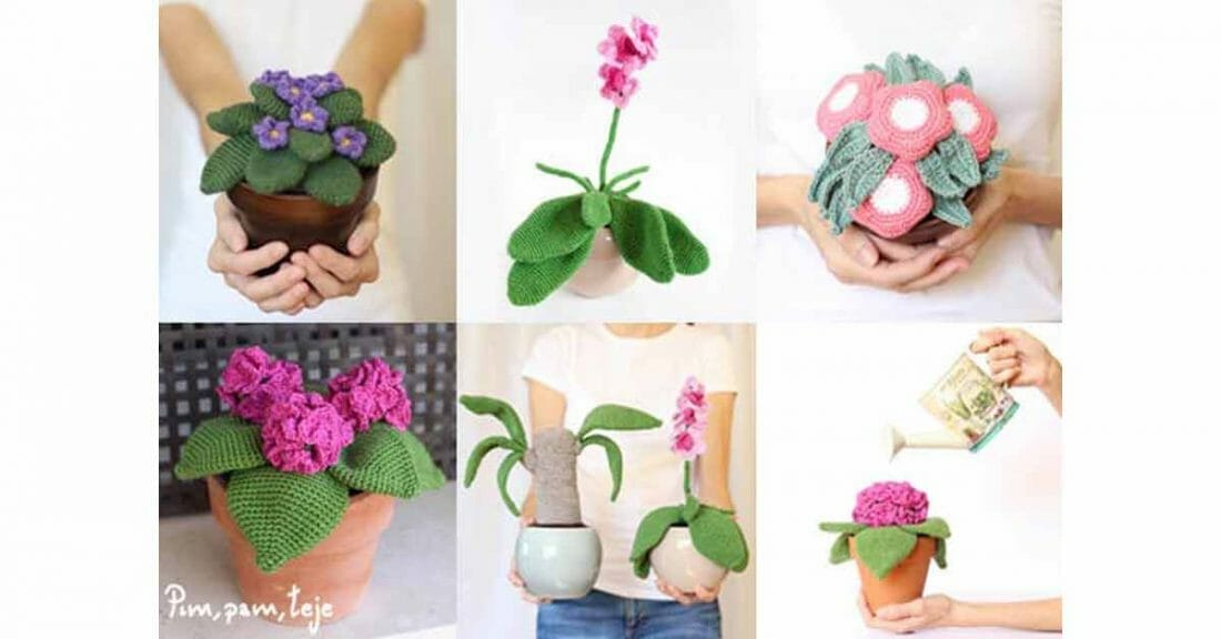 5 patrones para tejer plantas de ganchillo. Una colección de Pim, pam, teje